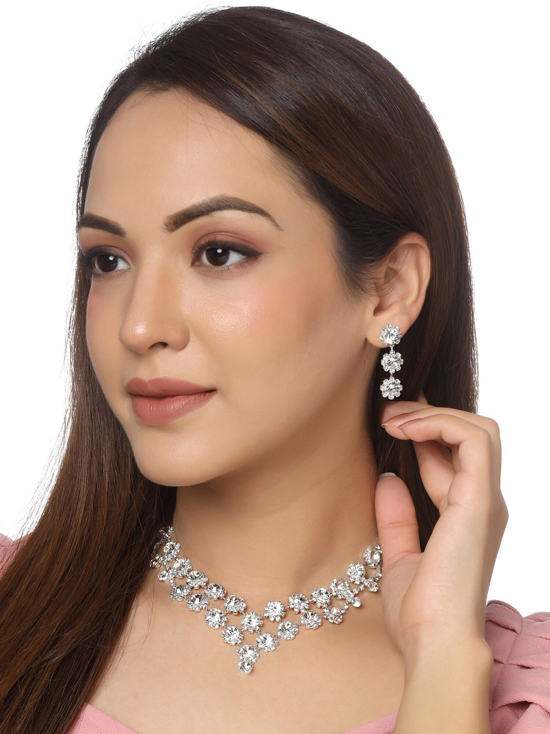 Yellow Chimes Silver Plated Floral Crystal Studded Designed Jewellery Set