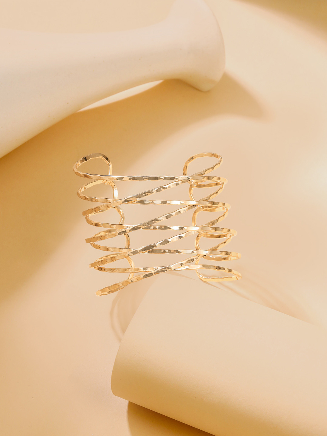 Yellow Chimes Vistelle Gold Toned Hammerd Design Multi Strand Cuff Bracelet