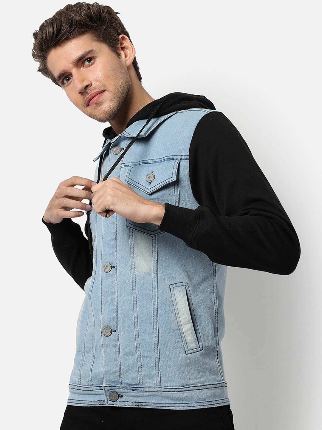 Campus Sutra Men Blue & Black Washed Windcheater Outdoor Denim Jacket