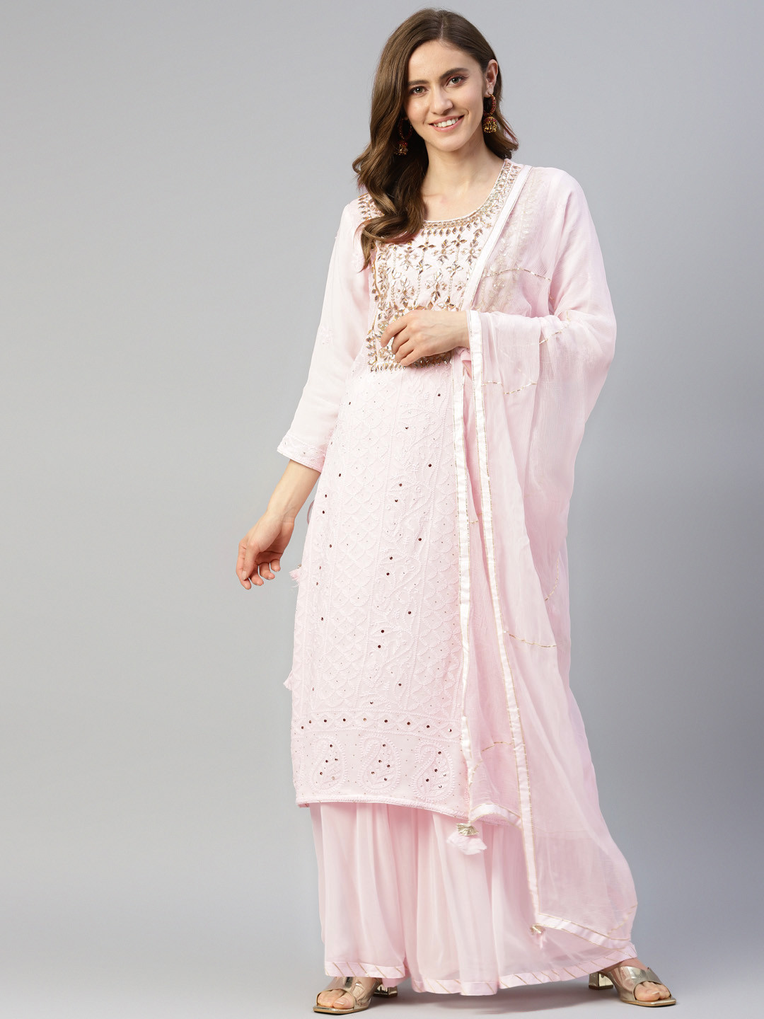 Divena Women Pink Chikankari Embroidered Kurta with Palazzos & Dupatta