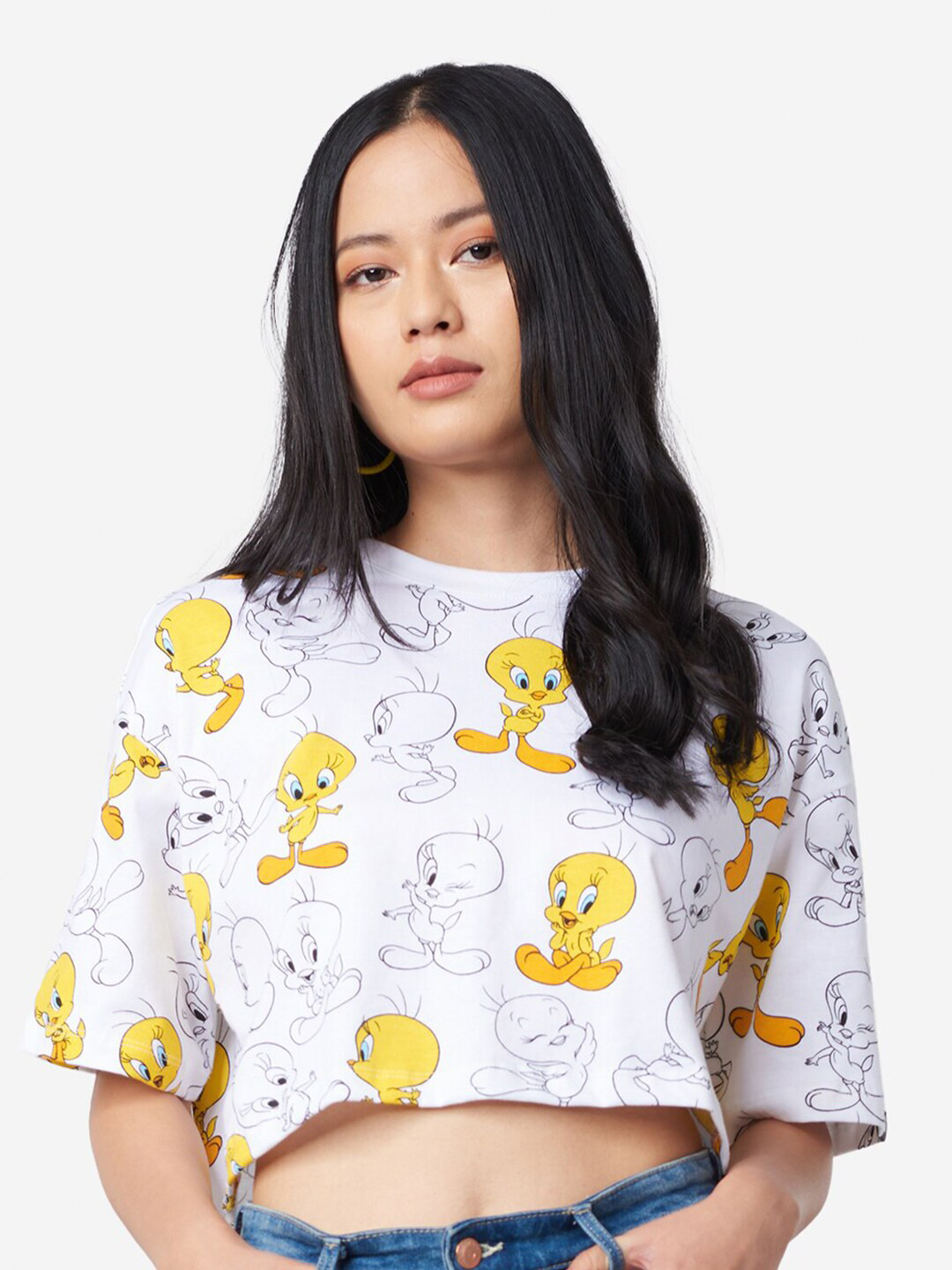 The Souled Store Women White Looney Tunes Tweety  Printed Pure Cotton Boxy Crop Top
