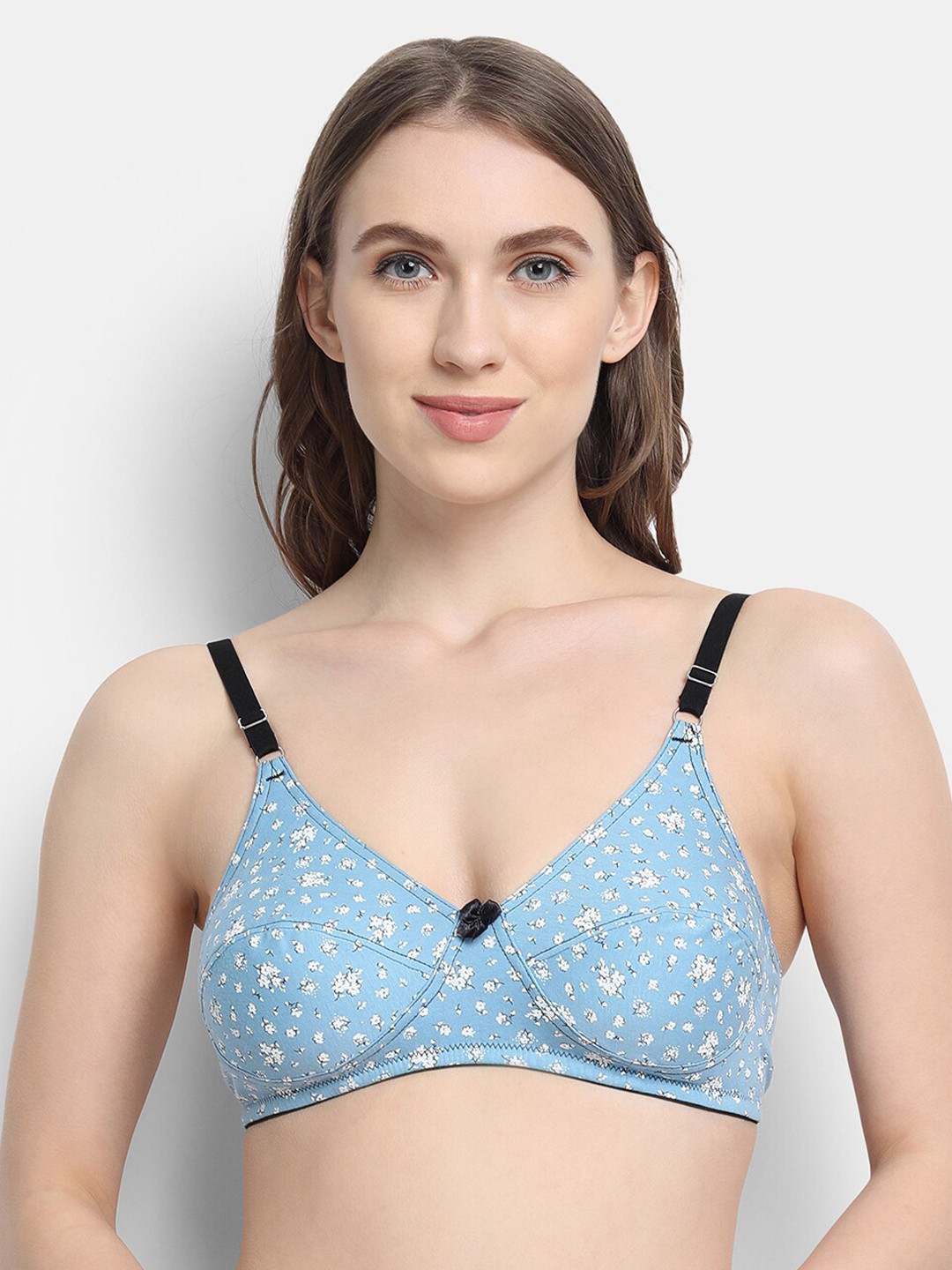 VStar Navy Blue & Off White Double layered Floral printed medium coverage Cotton Bra