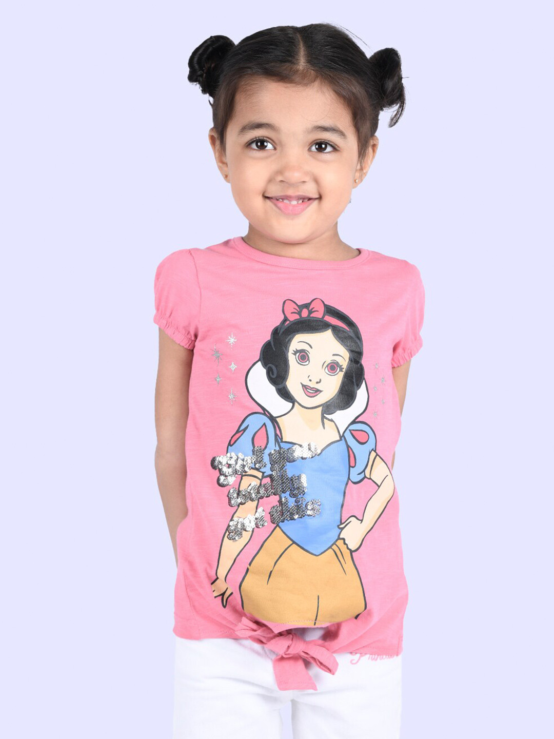 Zalio Girls Pink Snow White Printed Puff Sleeves Pure Cotton T-shirt