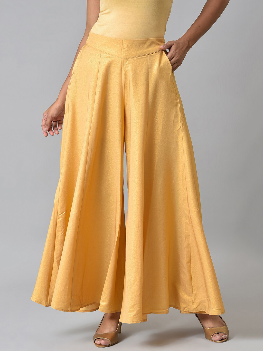 elleven Women Gold-Toned Crepe Ethnic Palazzos