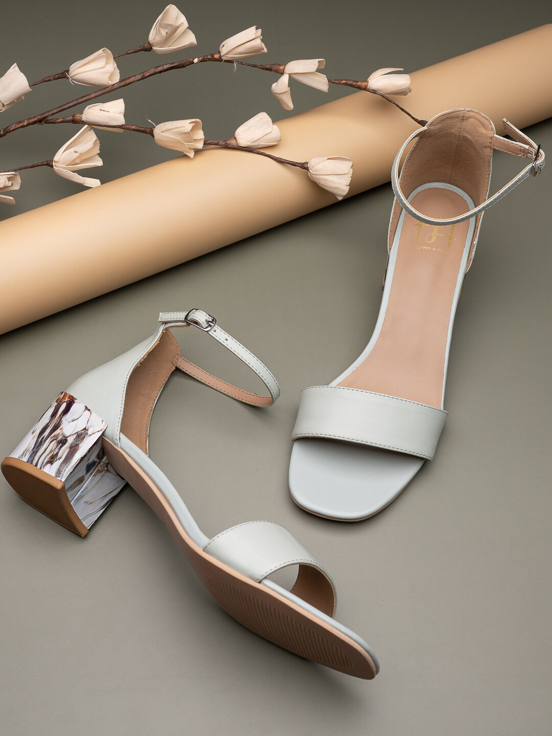 Hydes N Hues Women Green & Beige Colourblocked Party Block Heels with Buckles