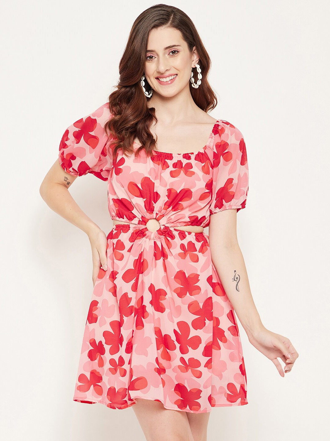 Bitterlime Pink Floral Georgette Mini Dress