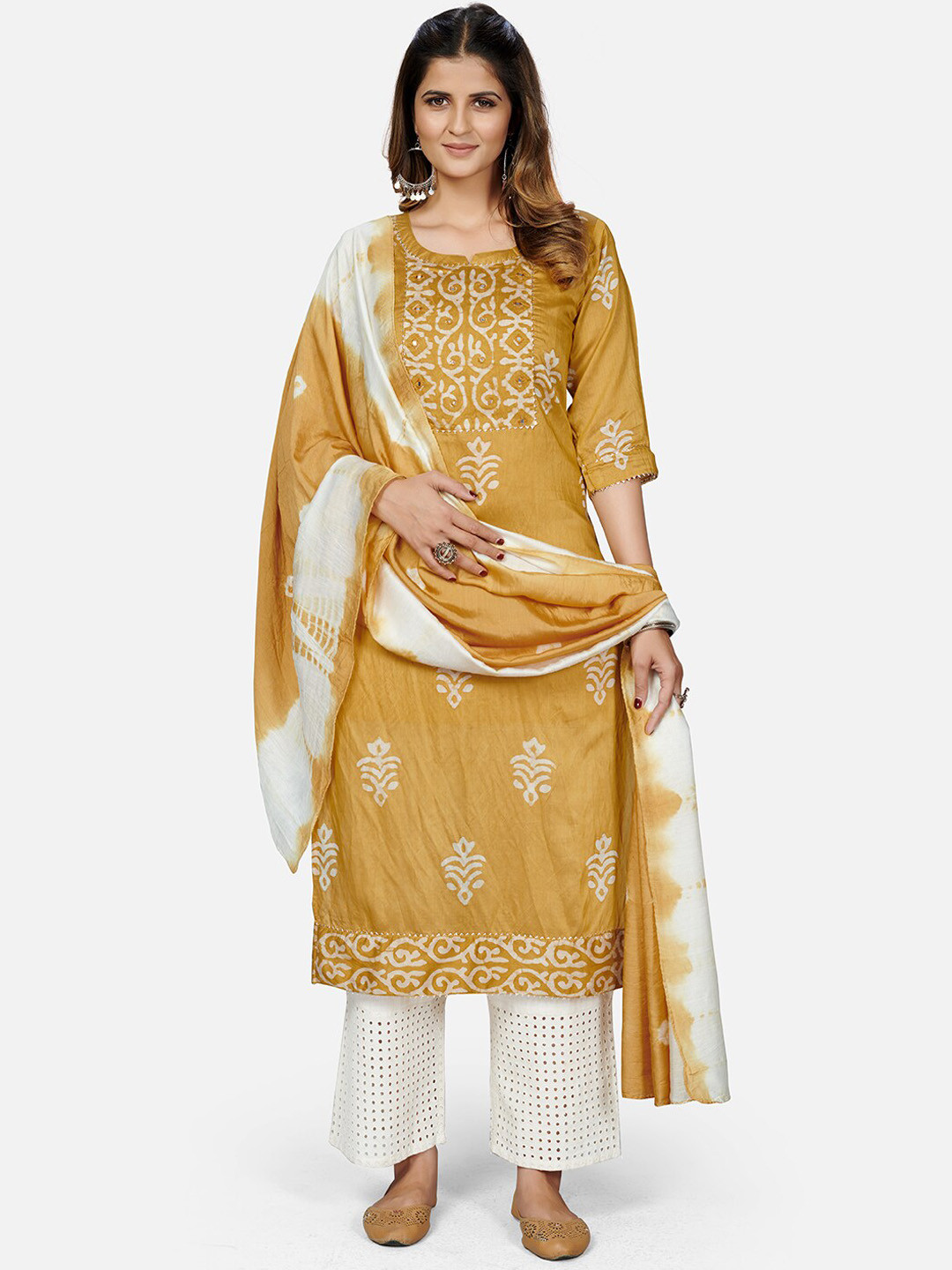 Vbuyz Women Batik Printed Mirror Work Chanderi Silk Kurta with Trousers & With Dupatta