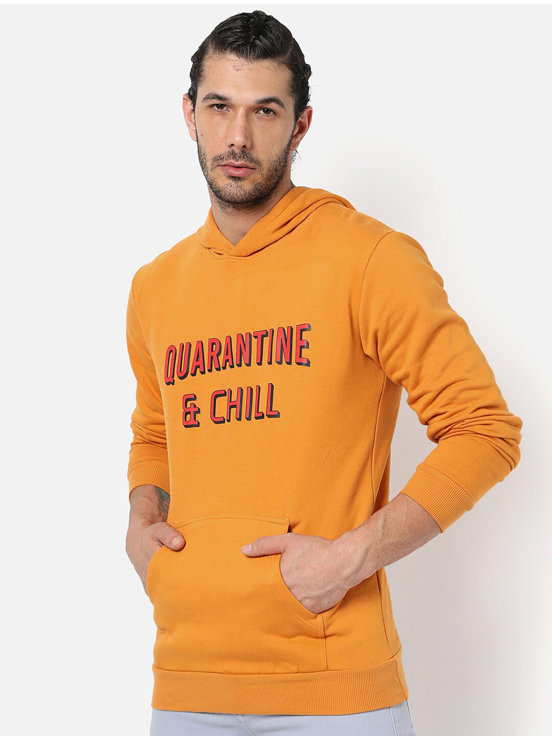 Campus Sutra Men Mustard Yellow Printed Regular Fit Sweatshirt With Hoodie For Winter Wear