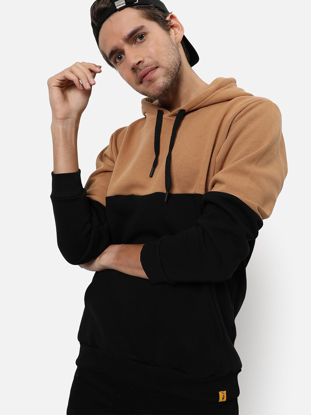 Campus Sutra Men Tan & Black Color blocked Hooded Cotton Sweatshirt