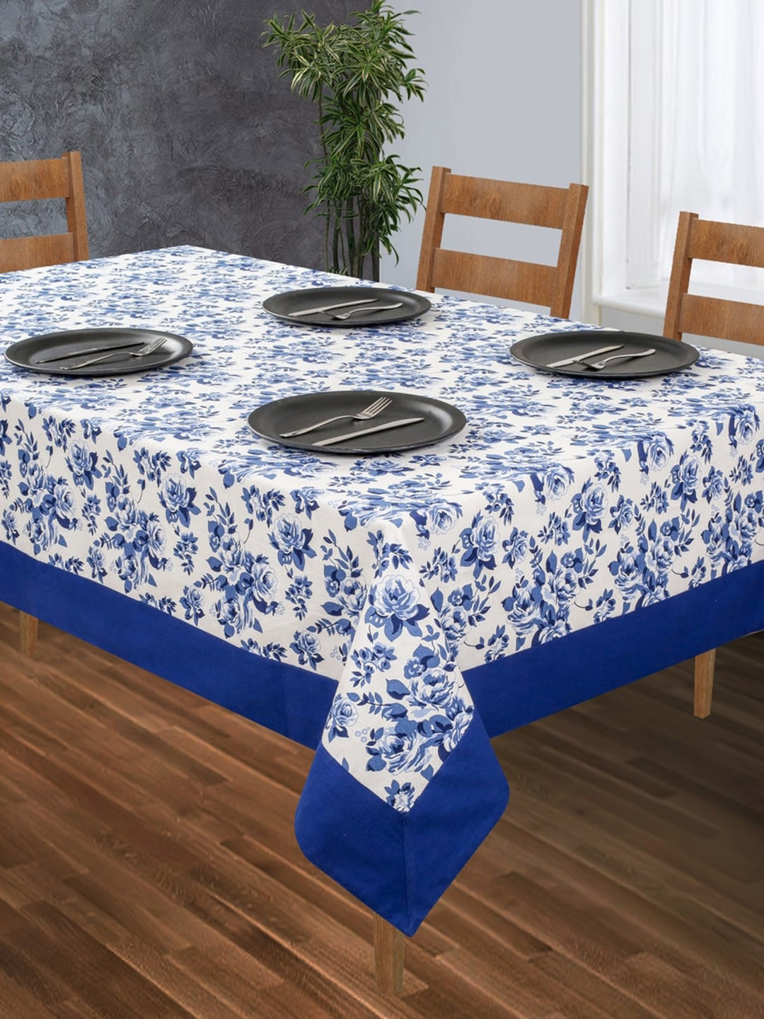 SHADES of LIFE Blue Printed Pure Cotton 2-Seater Rectangle Table Cloth