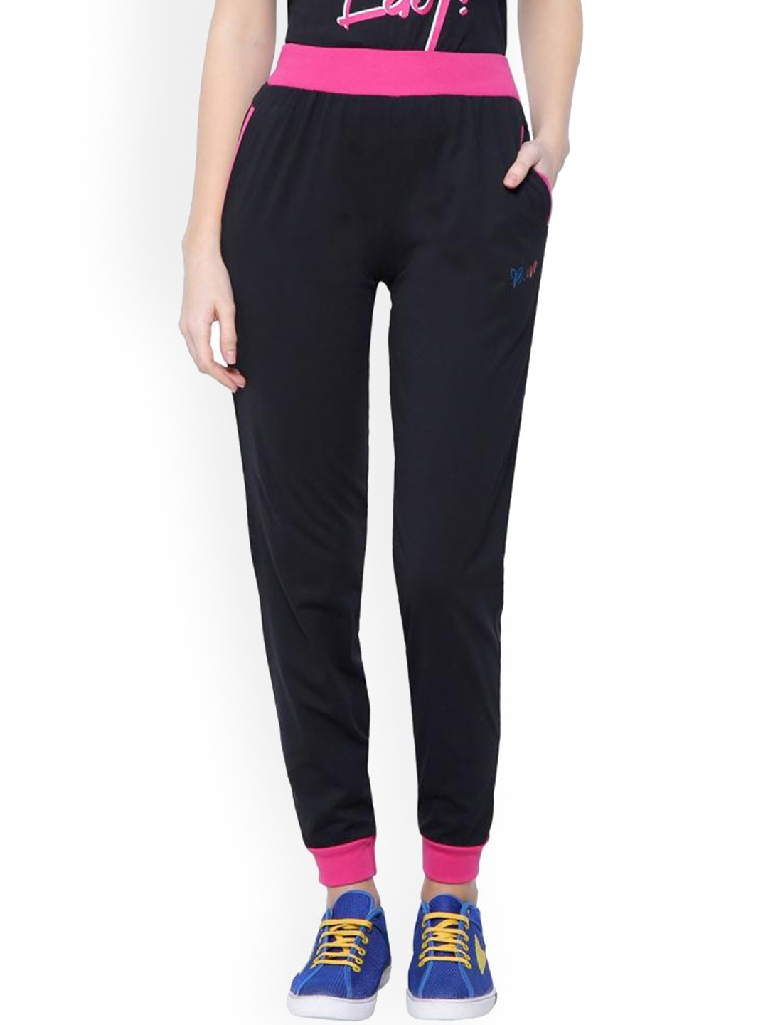 DYCA Women Black And Pink Solid Regular Fit Cotton Joggers