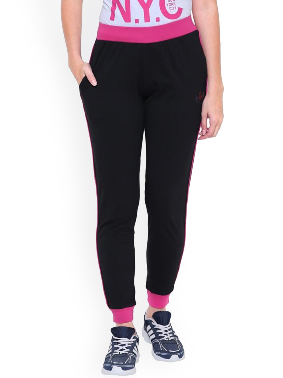 DYCA Women Black And Fuchsia Pink Solid Regular Fit Cotton Joggers