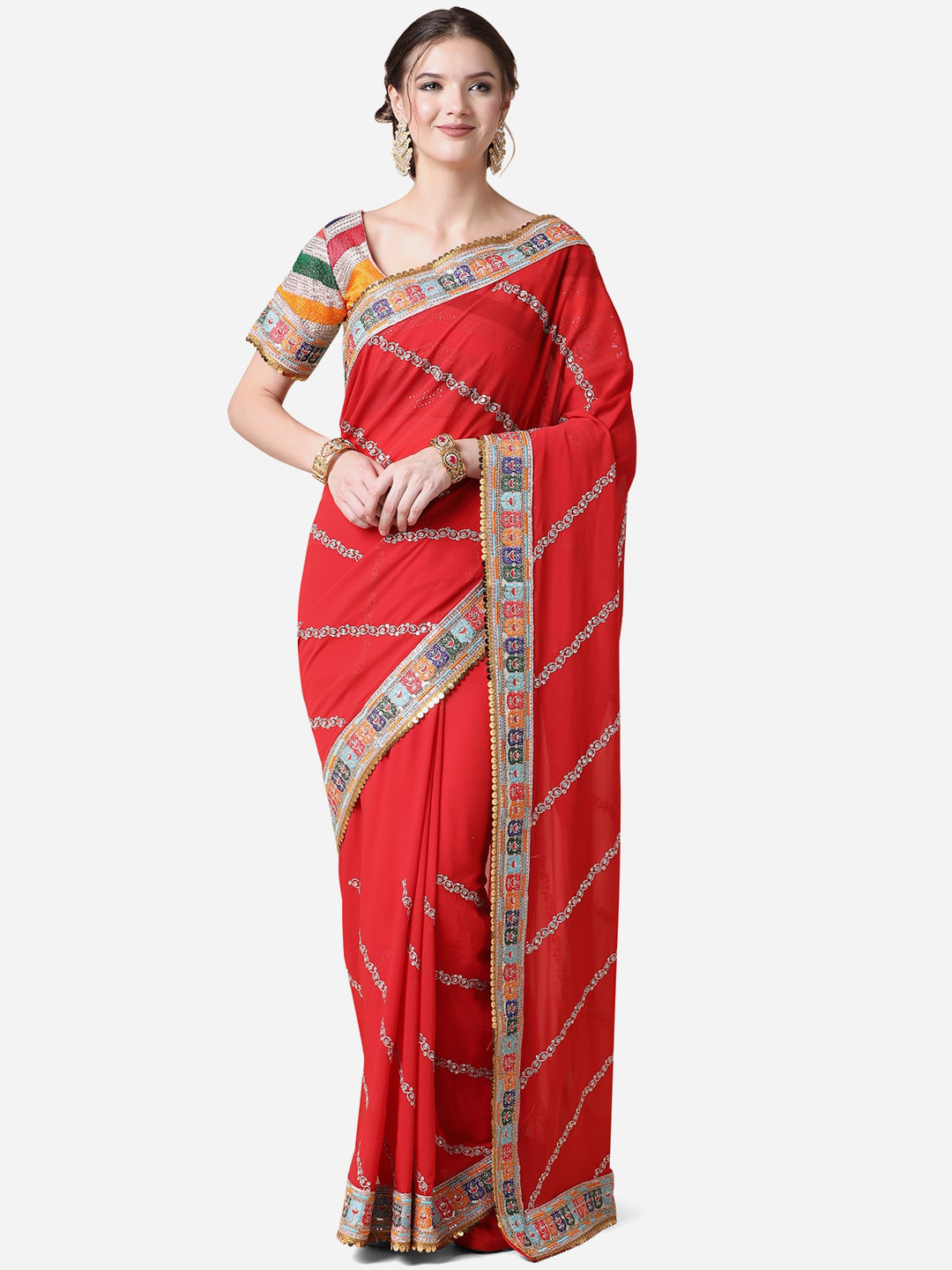 Cloth's Villa Red & Blue Ethnic Motifs Gotta Patti Saree
