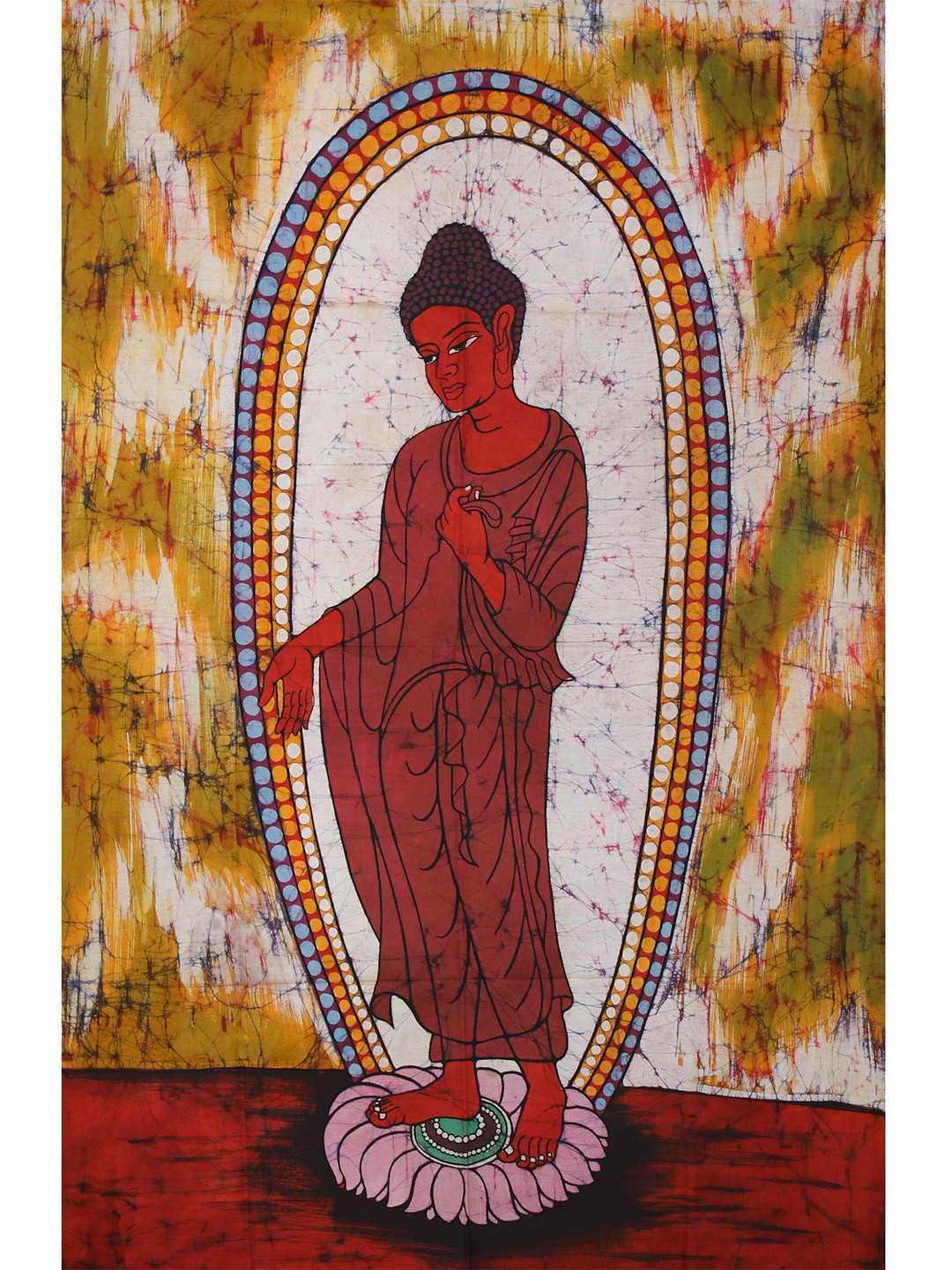 Exotic India Red Standing Buddha In Seedless Calm Batik Painting Wall Art