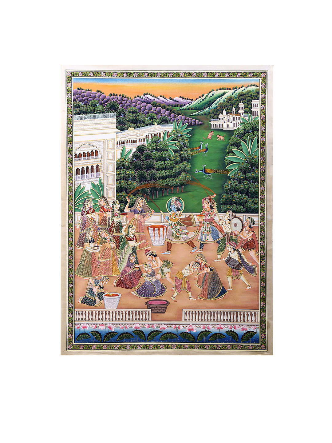 Exotic India Lord Krishna Playing Holi with Radha and Gopis Watercolor Painting
