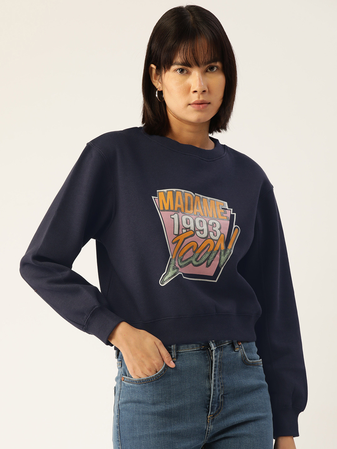 Madame Women Navy Blue Brand Logo Printed Sweatshirt