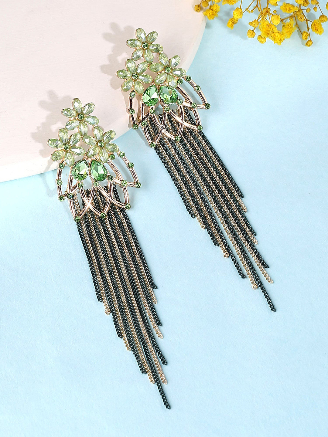 Yellow Chimes Green Floral Shaped Crystal Green Long Chain Dangler Earrings