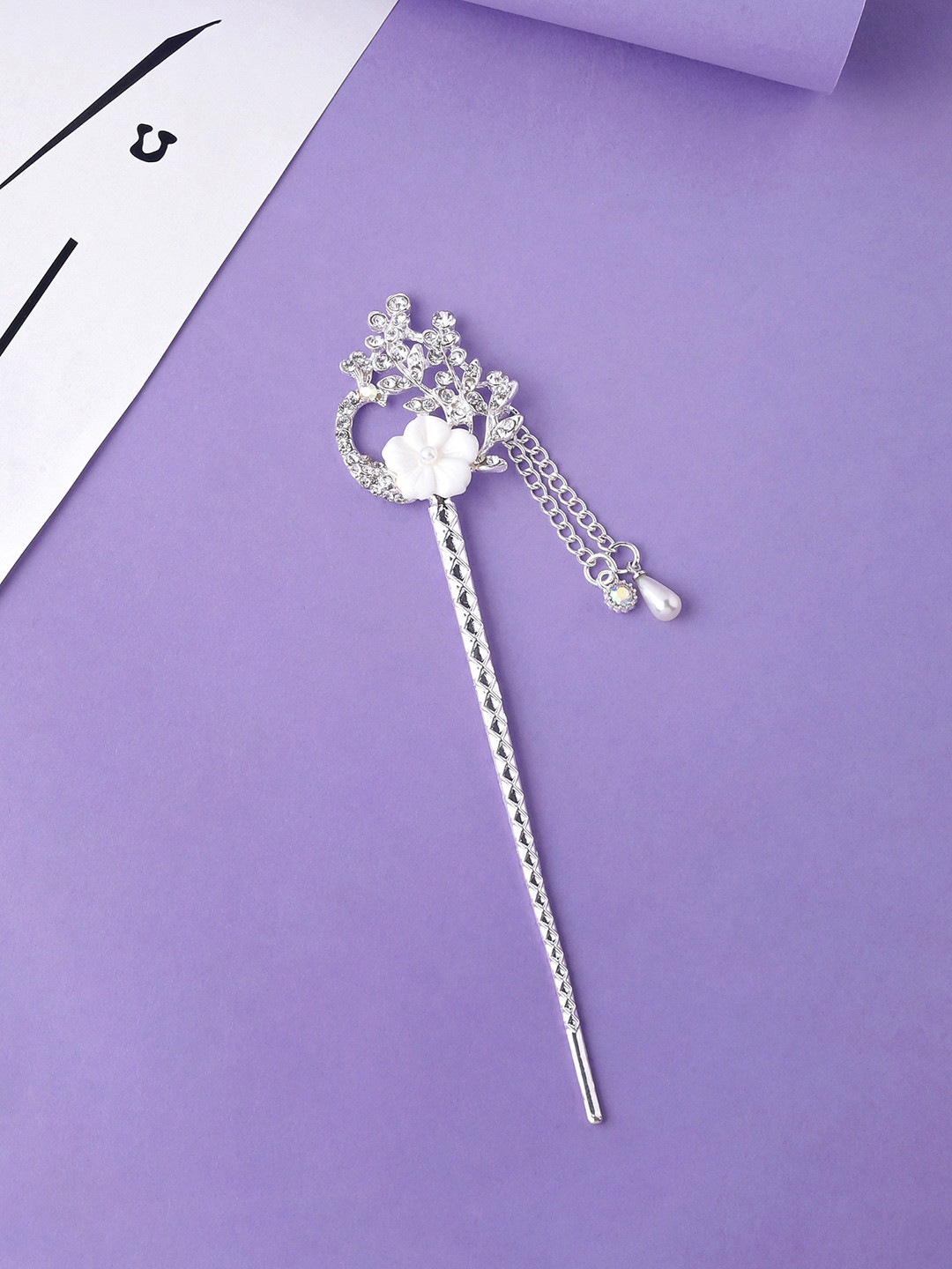 Yellow Chimes Women Silver-Toned Pearl Beaded Bun Pin