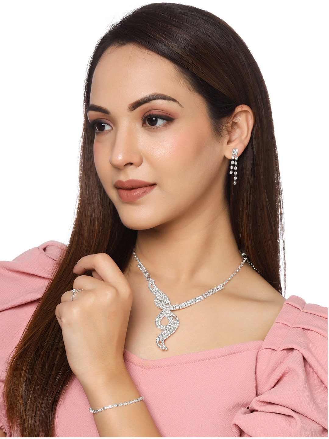 Yellow Chimes Silver Toned Crystal Necklace Set With Earring Ring and Bracelet