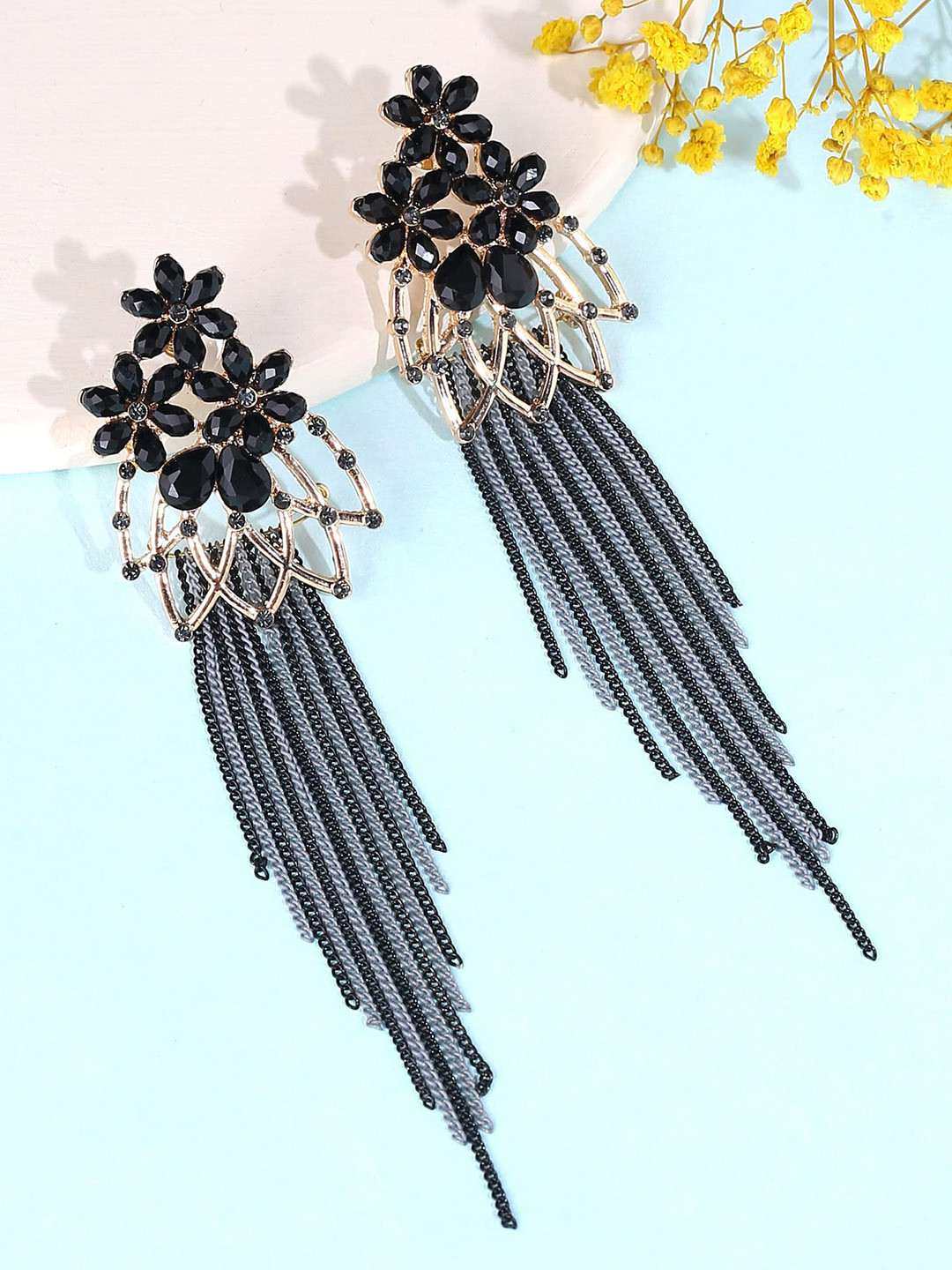 Yellow Chimes Black Floral Shaped Crystal Long Chain Dangler Earrings