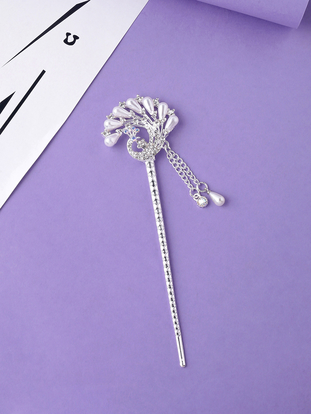 Yellow Chimes Silver-Toned Hair Stick With Pearl Beads Juda Pin