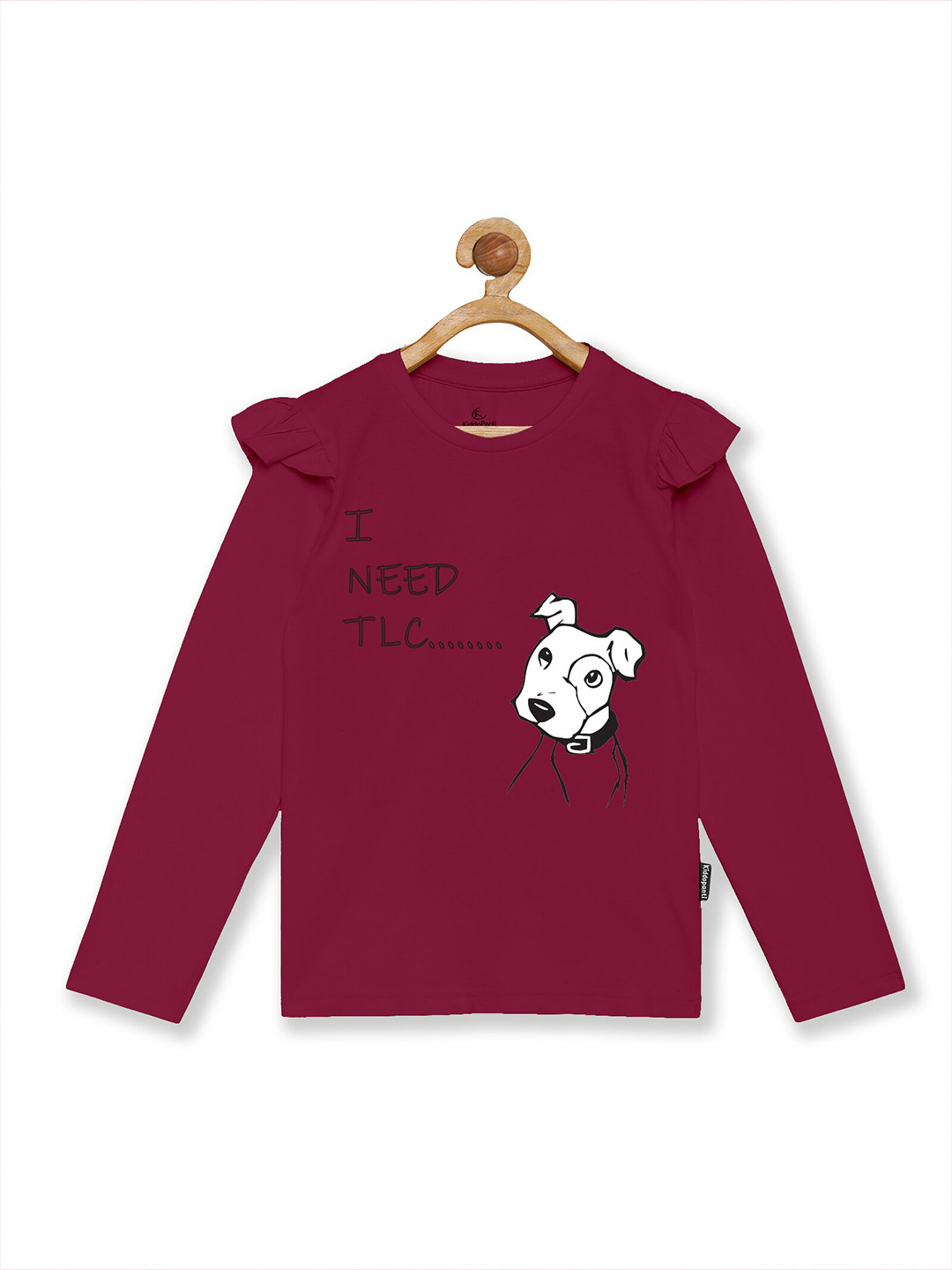 KiddoPanti Girls Burgundy Printed T-shirt