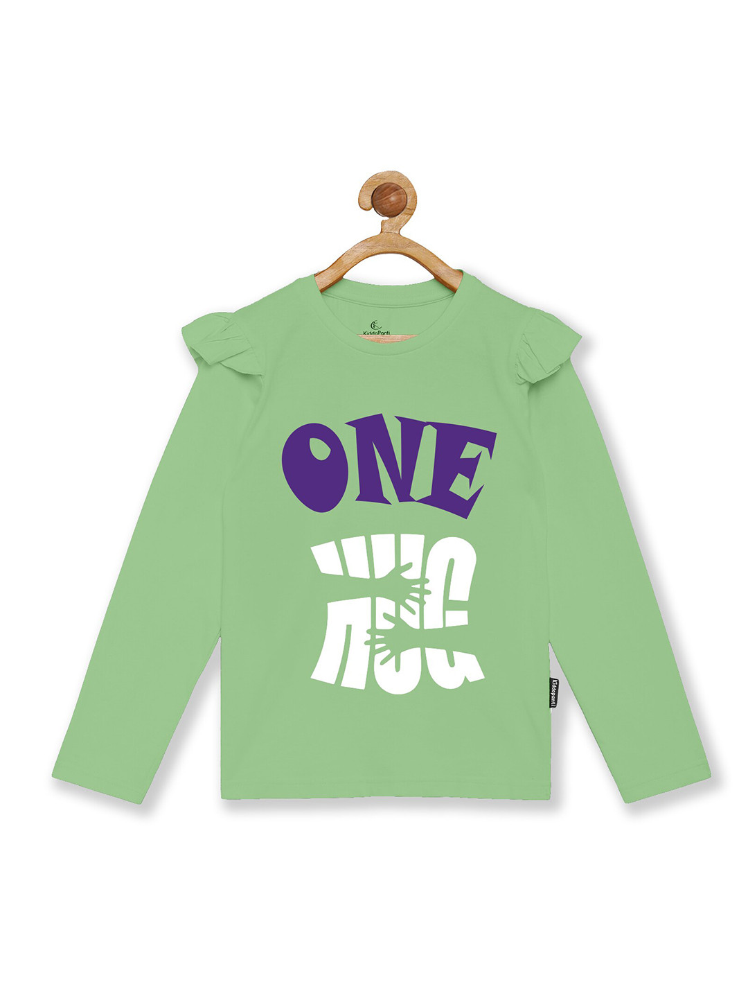 KiddoPanti Girls Green Typography Printed Full Sleeve T-shirt