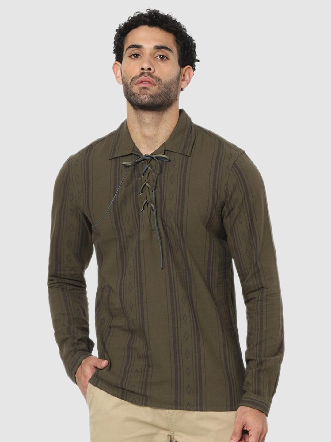 Celio Men Olive Green Cotton Classic Horizontal Tie-Ups Stripes Casual Shirt