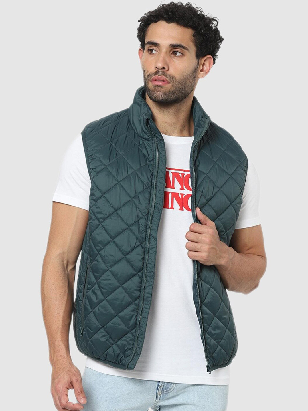 Celio Men Green Longline Quilted Jacket with Embroidered