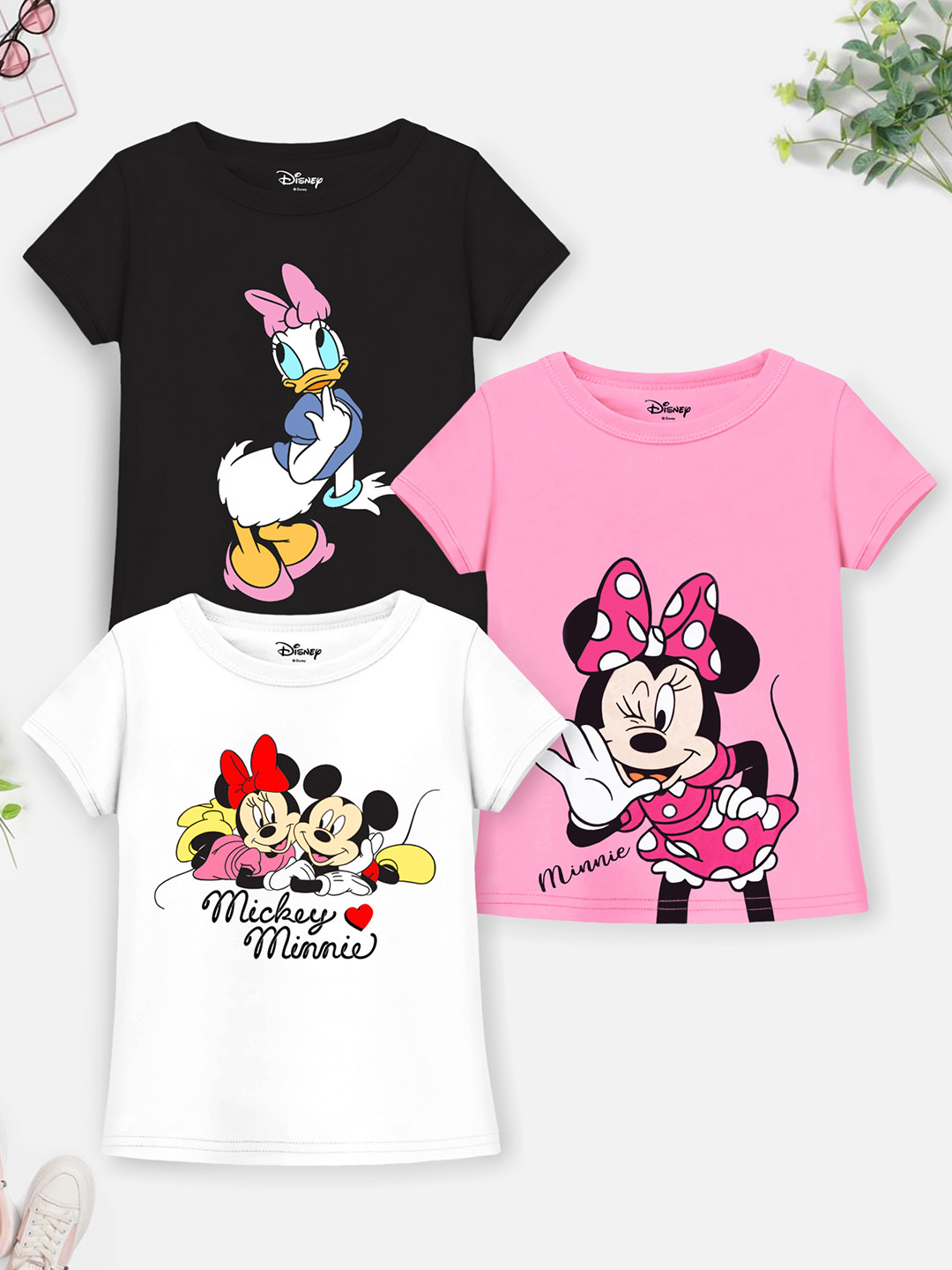 YK Disney Girls Pack of 3 Mickey Minnie Daisy Printed Cotton T-shirt