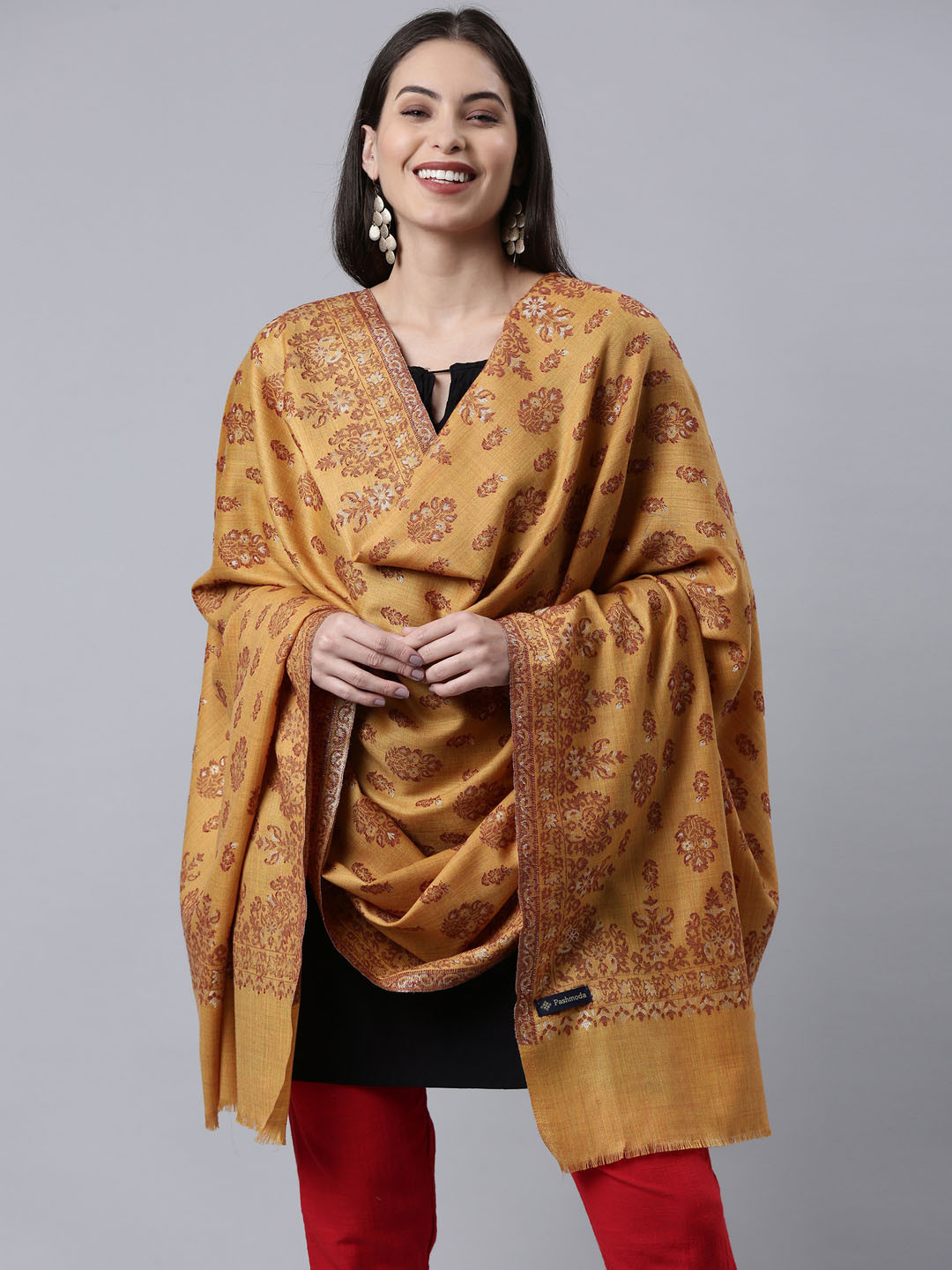Pashmoda Women Yellow Woven Design Kaani Wool Shawl
