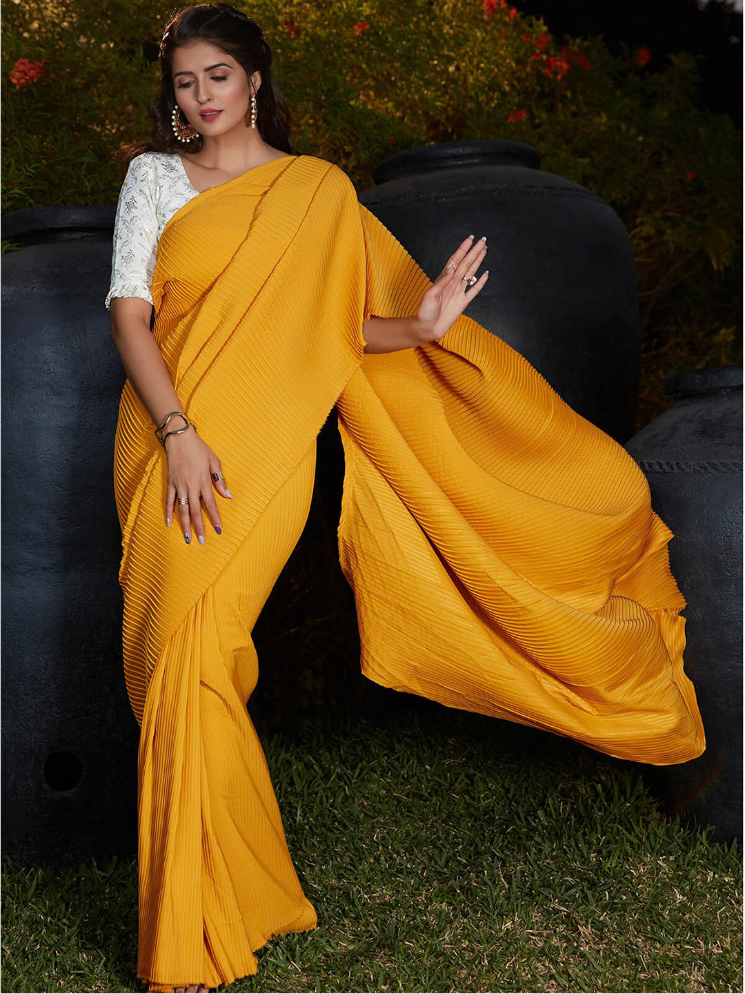 ODETTE Yellow Silk Blend Saree