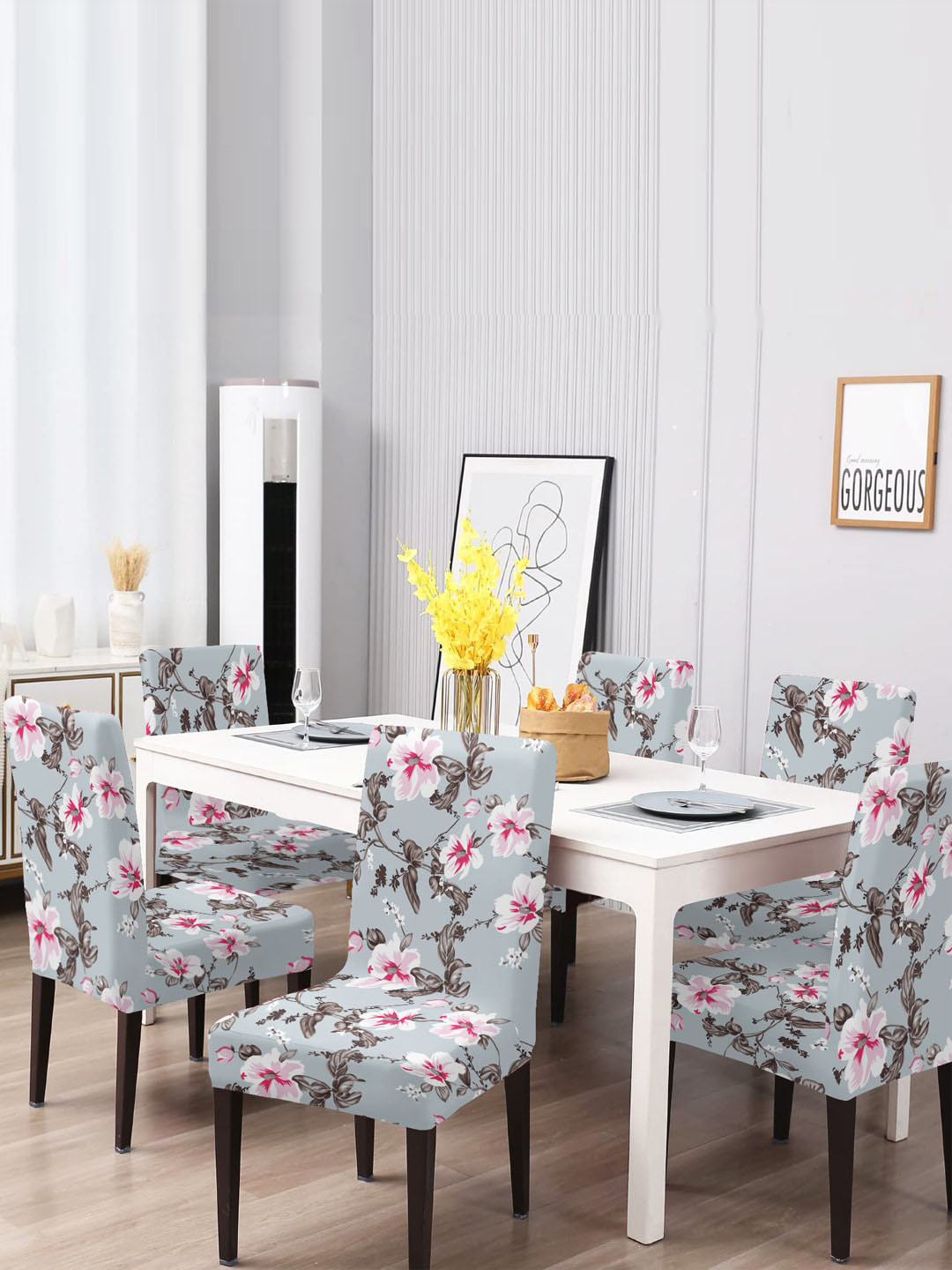 DECORIAN Set Of 6 Grey and Pink Floral Printed Chair Cover