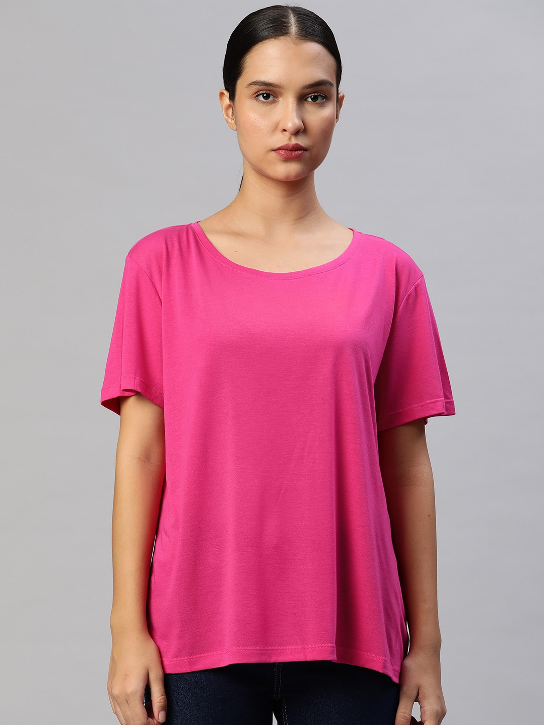 Marks & Spencer Women Fuchsia Relaxed Fit T-shirt
