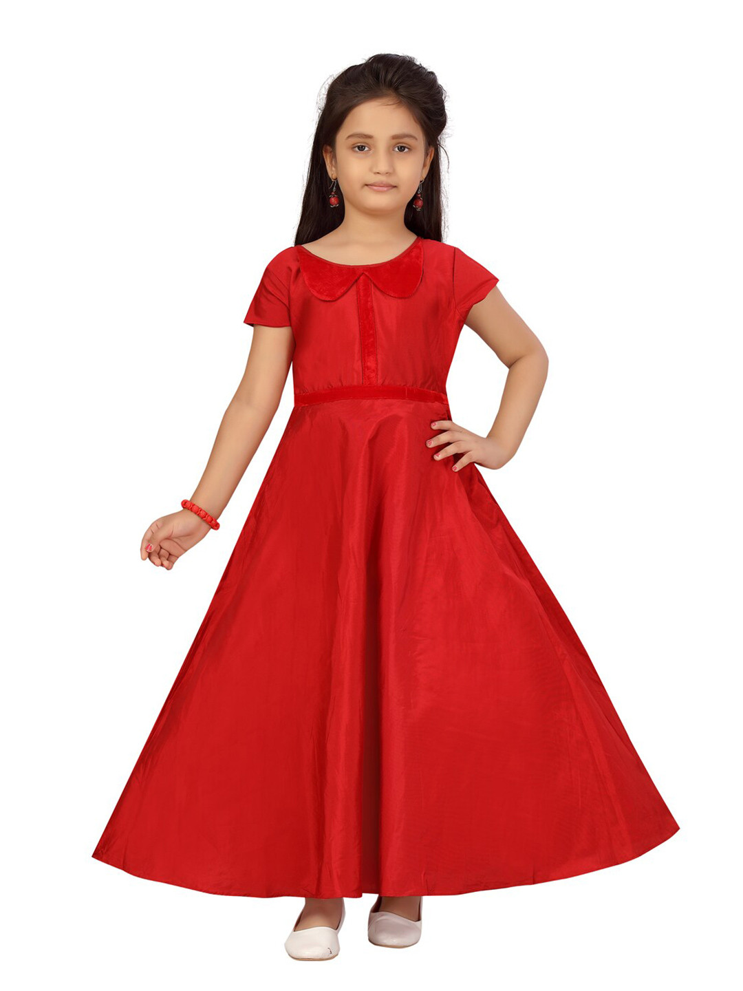 Aarika Girls Red Peter Pan Collar Maxi Dress