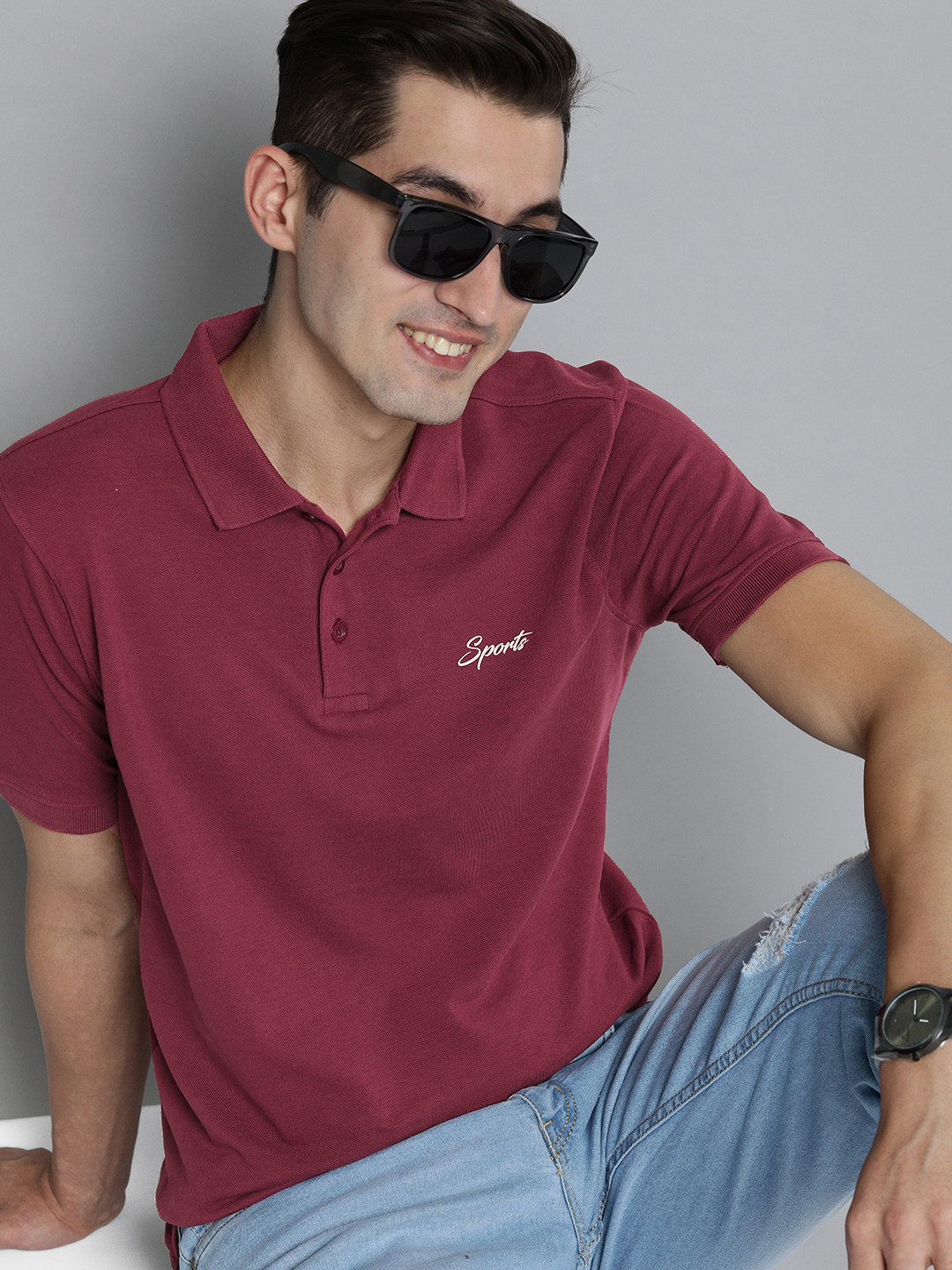 HERE&NOW Men Burgundy Polo Collar Pure Cotton T-shirt