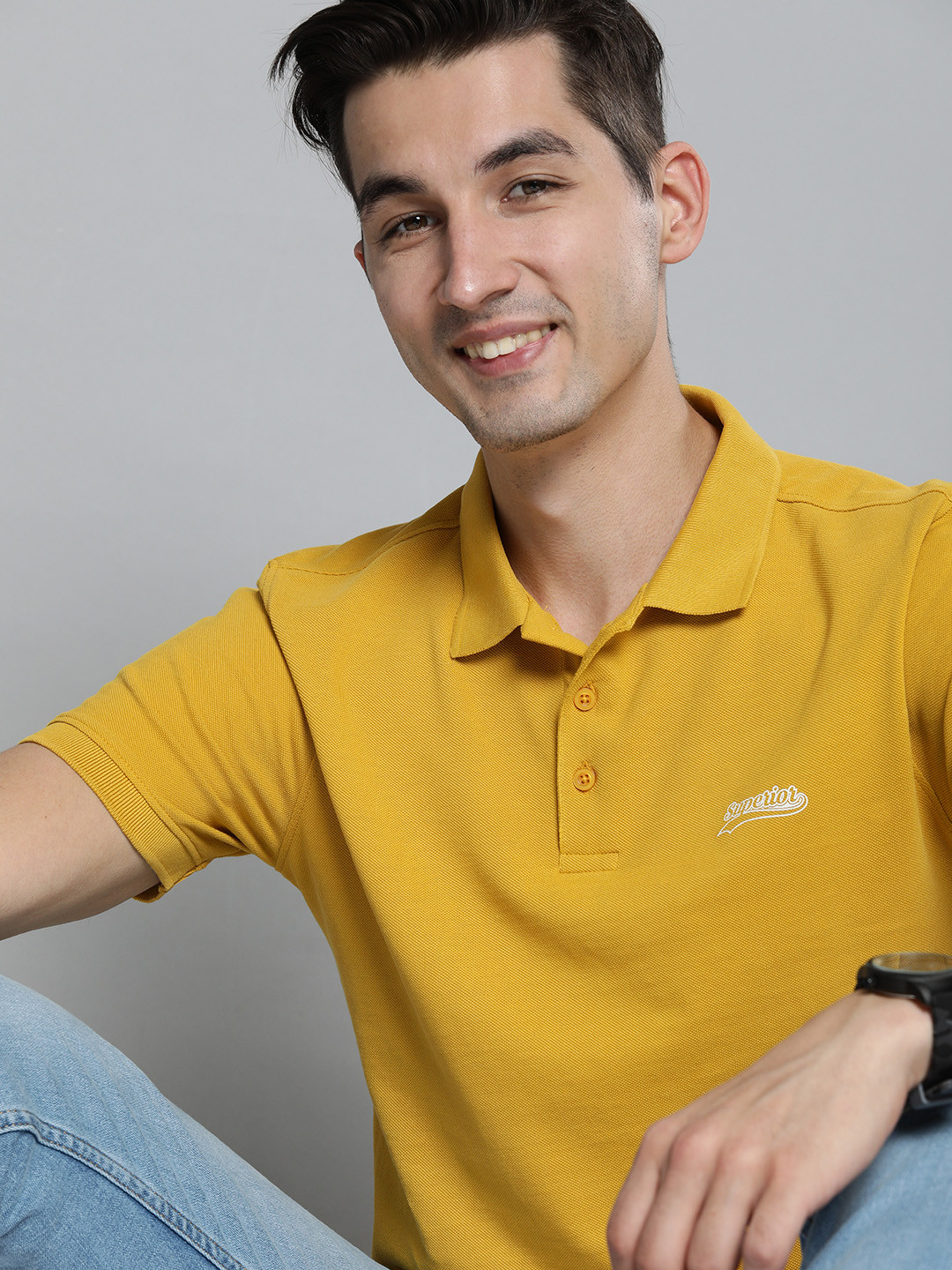 HERE&NOW Men Mustard Yellow Polo Collar Pure Cotton T-shirt
