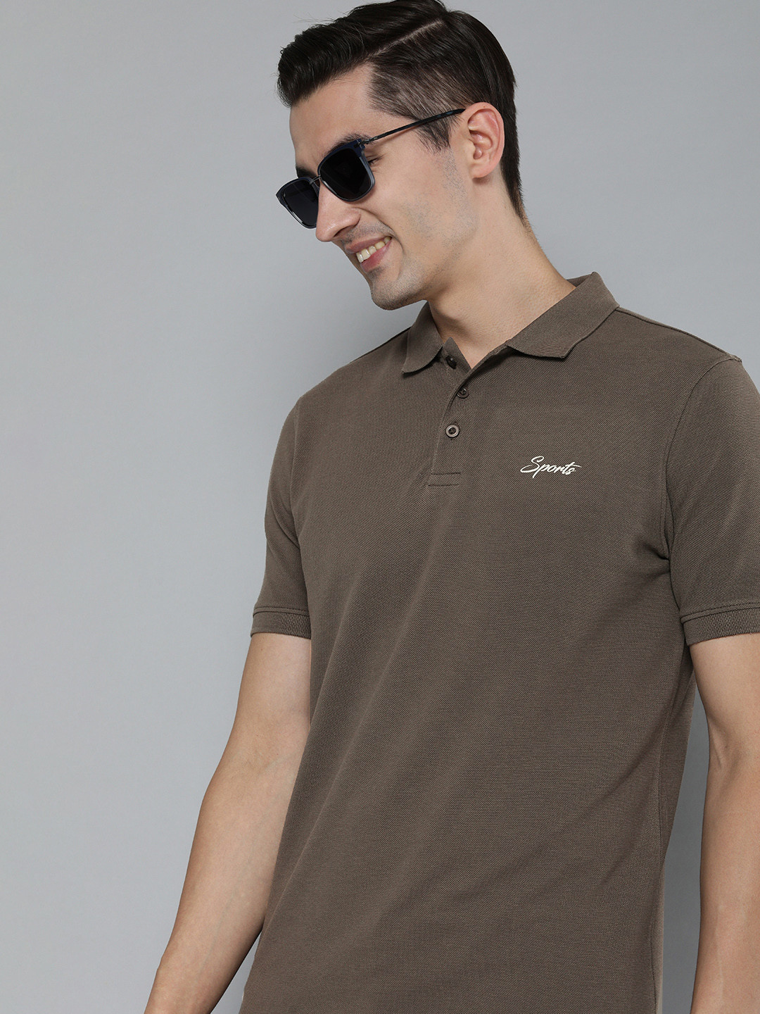 HERE&NOW Men Taupe Polo Collar Pure Cotton T-shirt