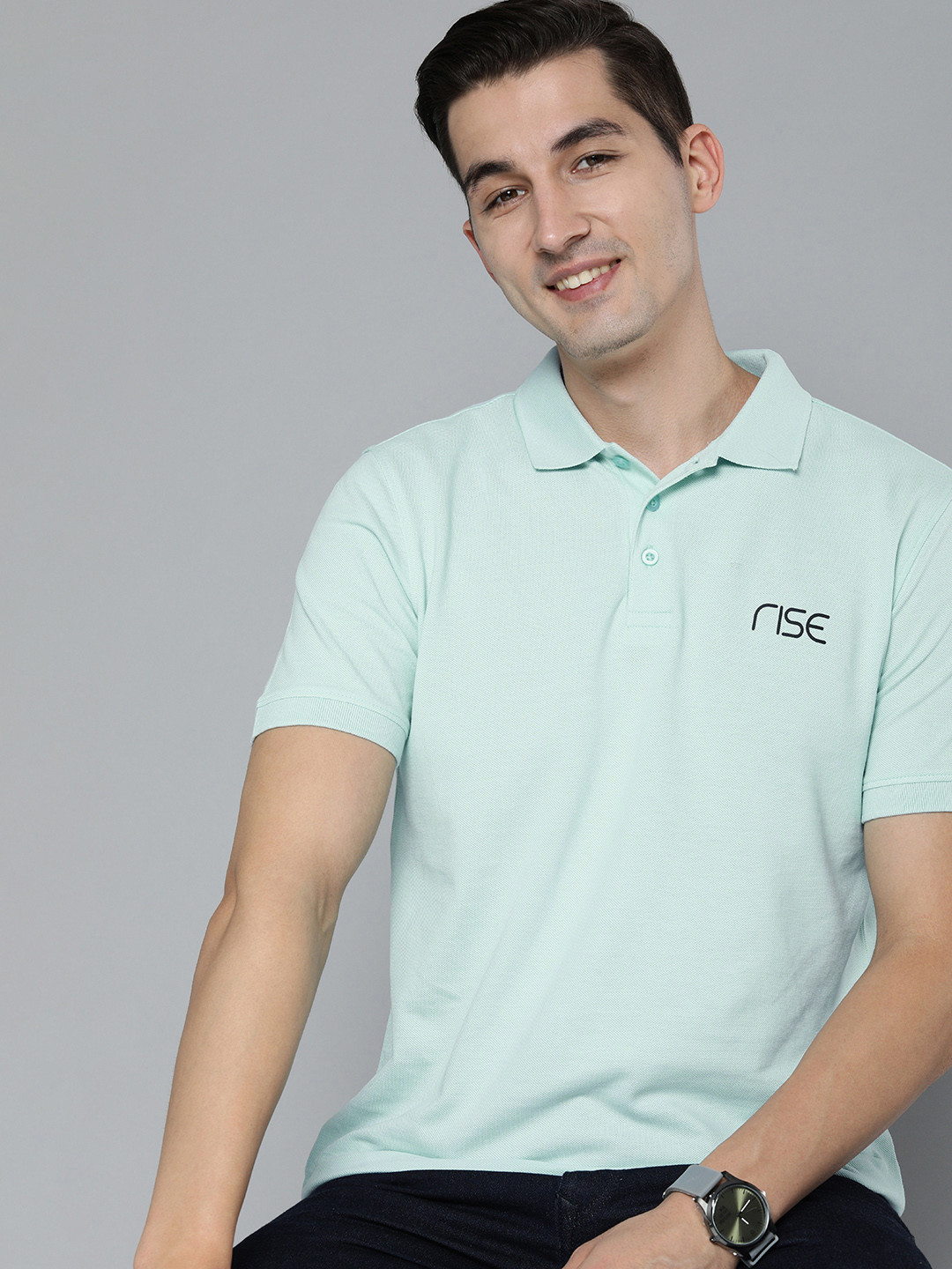HERE&NOW Men Blue Polo Collar Pure Cotton T-shirt