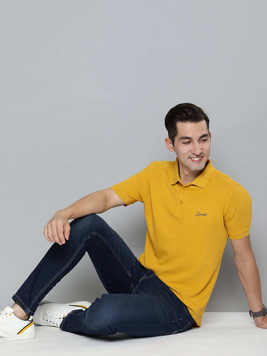 HERE&NOW Men Mustard Yellow Polo Collar Pure Cotton T-shirt