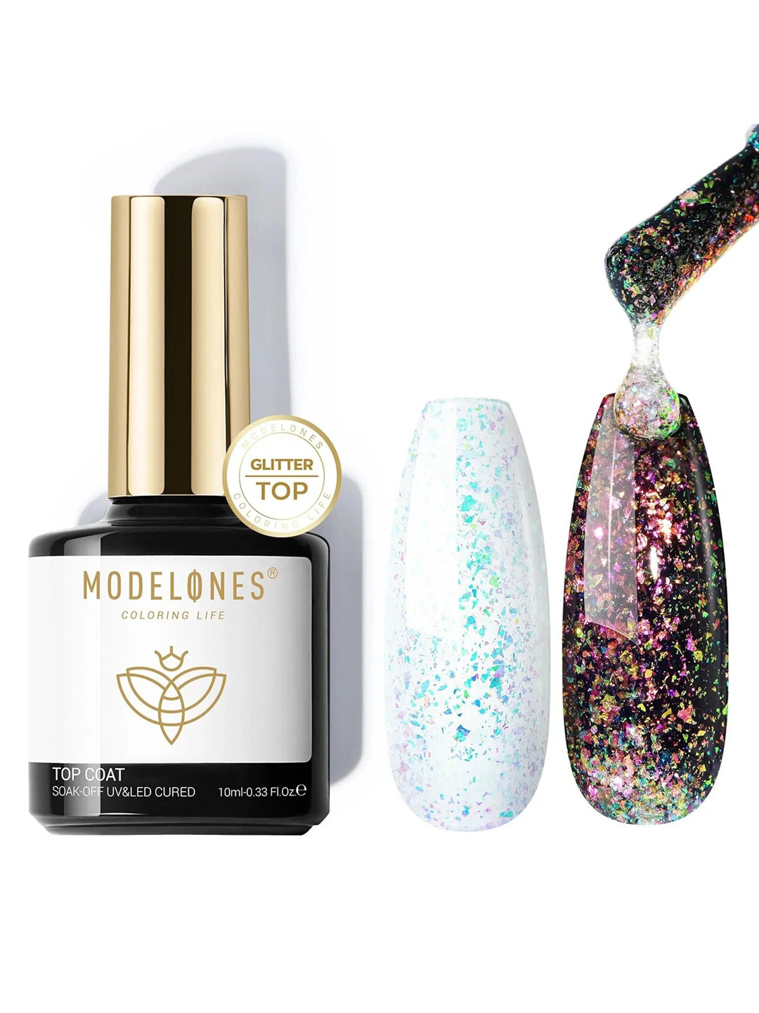 Modelones No Wipe Glitter Top Coat Soak Off UV & LED Cured Gel Nail Polish 10ml - Iridescent Silver