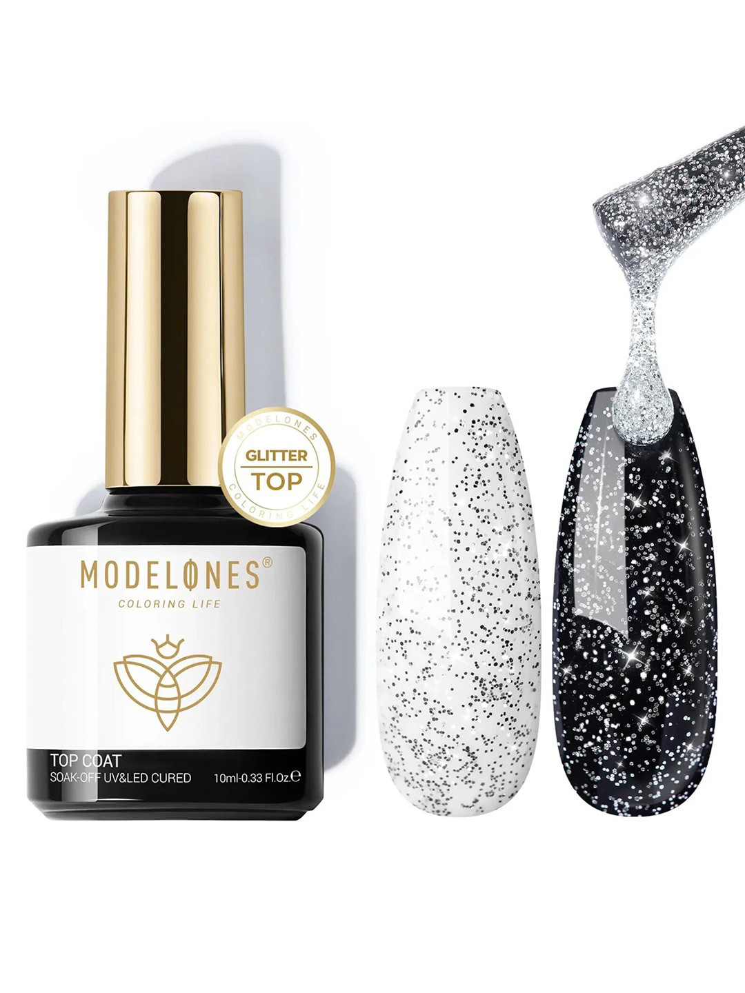 Modelones No Wipe Glitter Top Coat Soak Off UV & LED Cured Gel Nail Polish 10ml - Crystal Diamond