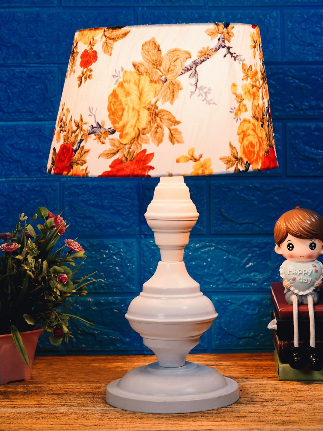 foziq White Floral Printed Metal Base Table Lamps