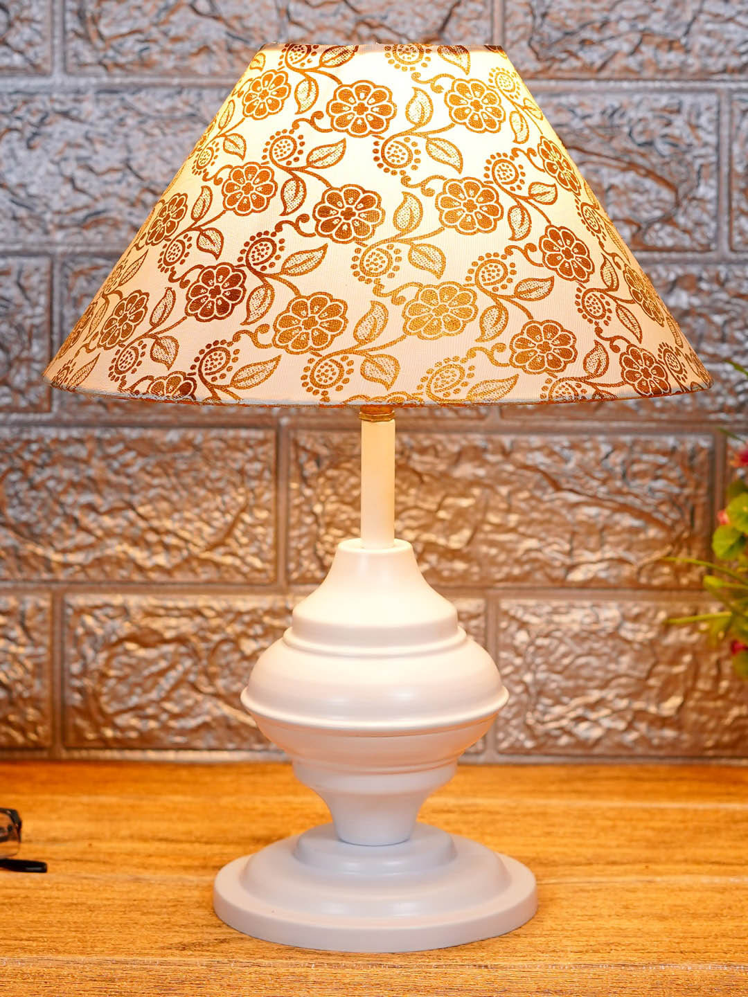 foziq Gold & White Floral Printed Contemporary Table Lamp