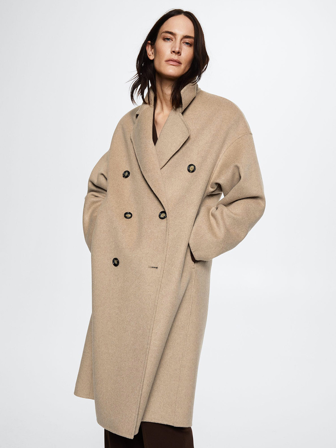 MANGO Women Beige Solid Oversize Longline Overcoat