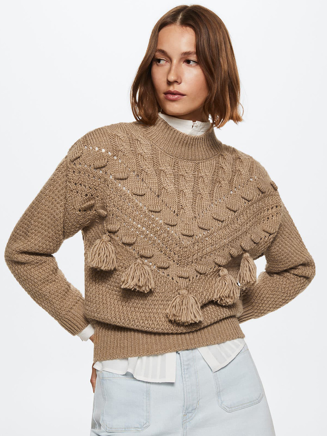 MANGO Women Brown Open Knit Pom-Pom Pullover