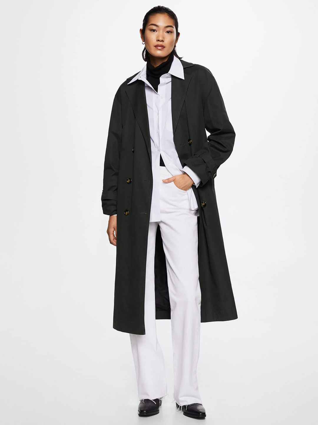 MANGO Women Charcoal Grey Solid Oversized Longline Trench Coat
