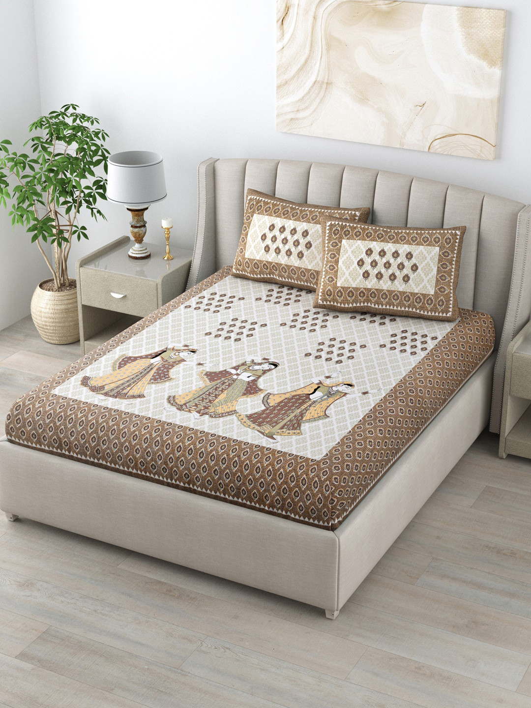 LIVING ROOTS Off White Ethnic Motifs Pure Cotton Breathable 160 TC King Bedsheet with 2 Pillow Covers-90 x 103 inches