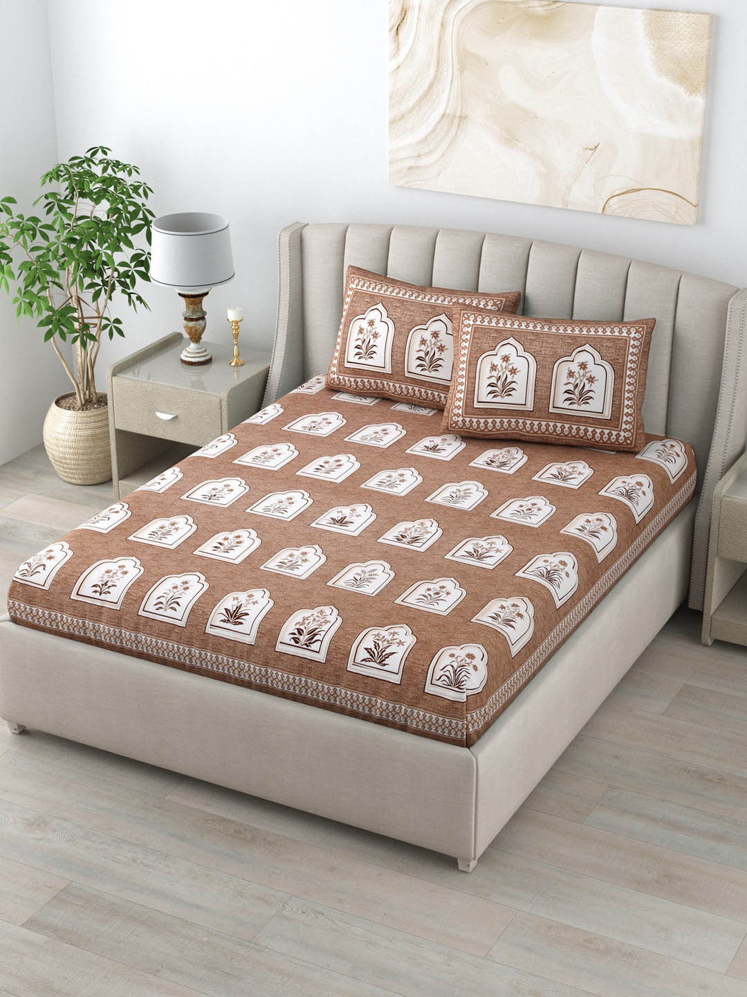 LIVING ROOTS Jaipuri Brown Floral Pure Cotton Skin-Friendly 160 TC King Bedsheet with 2 Pillow Covers-90 x 103 inches