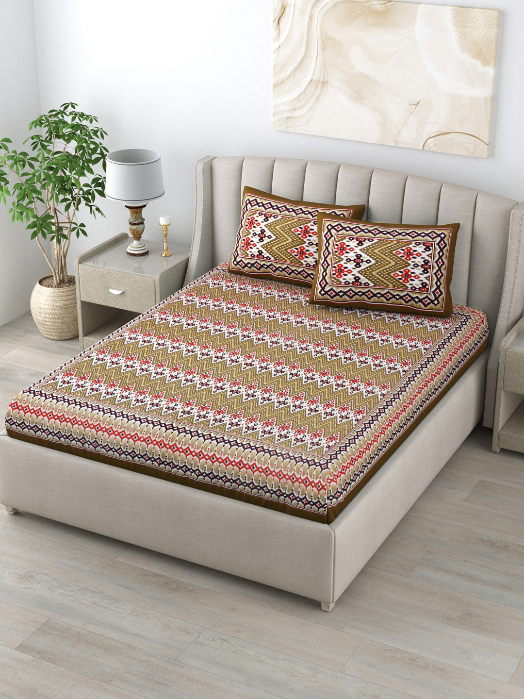 LIVING ROOTS Super King Size Jaipur Block Print Cotton Bedsheet With 2 Pillow Covers